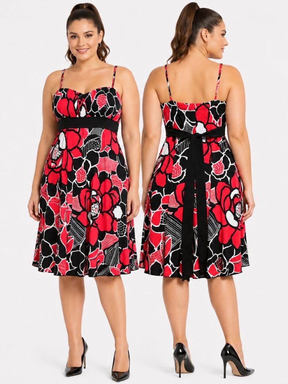Speechless Red Black Floral Y2K Empire Waist Tie Back Sundress Large